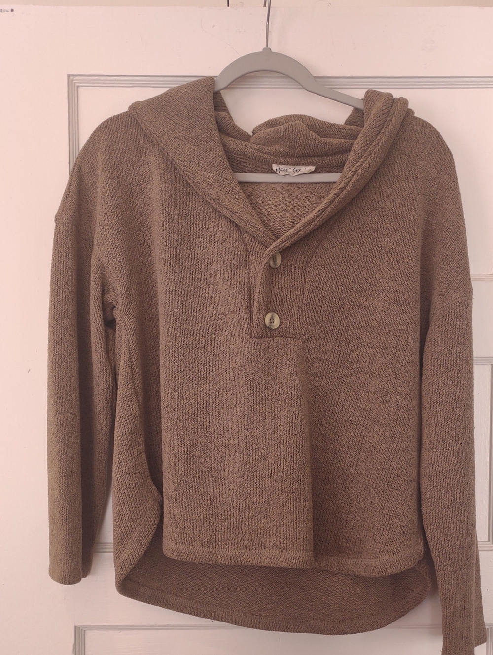Cozy Hooded Cotton Knit Sweater in Brown - Soft Button Pullover
